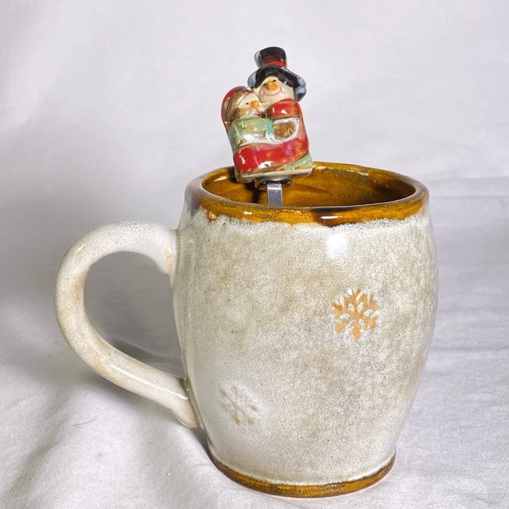 Christmas Mug & Spoon Set Mr. and Mrs. Snowmen Let It Snow Glazed w Box
